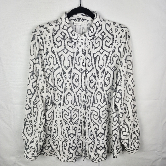 J Jill Geometric Print 100% Linen Button Up Blouse Size Small - Picture 1 of 7